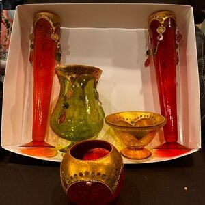 Vintage Jewel Colored Moroccan Cracked Glass Vases